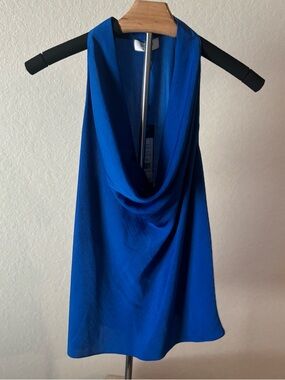 BCBG Draped Cowl Neck Halter Top Blue Elegant Dressy Blouse Women’s Medium NWT